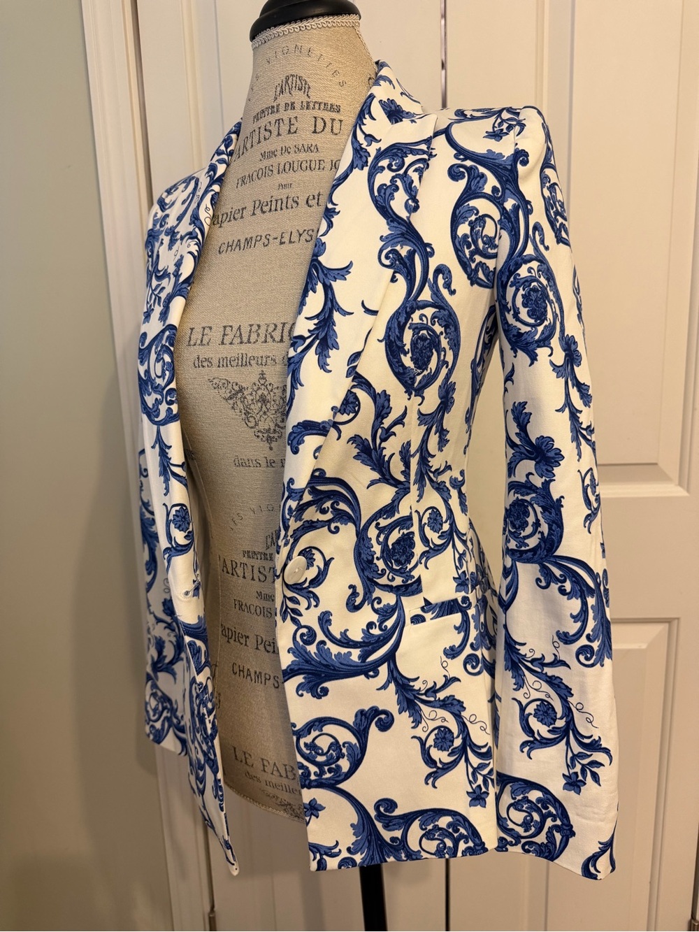 Zara White Blazer with Blue Baroque Print